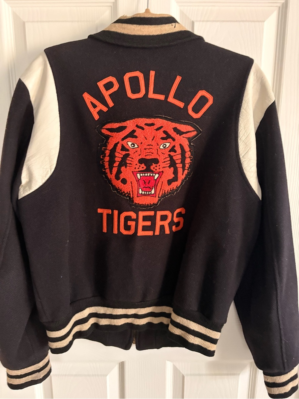 Vintage Navy White Varsity Letterman Jacket Wool Leather Sleeves Size M